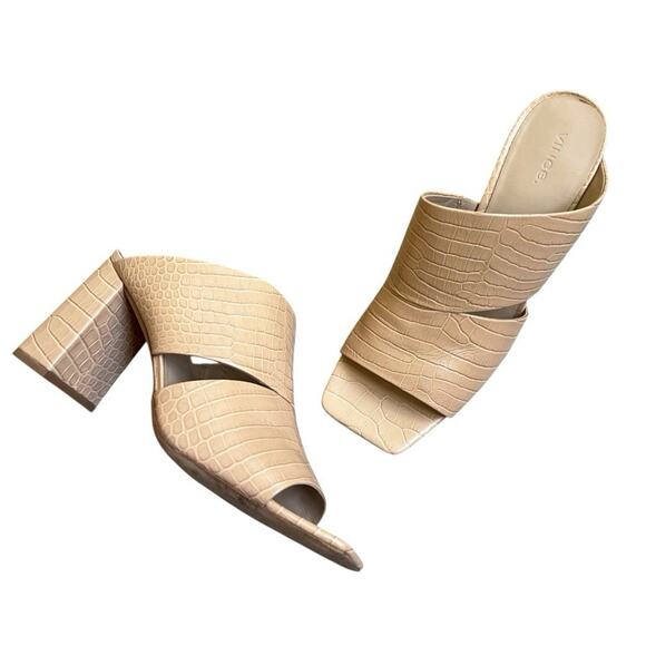 Vince Nelda Cappuccino Croc Embossed Leather Square Toe Slide Sandal Sz 41 US 11 - Picture 1 of 8